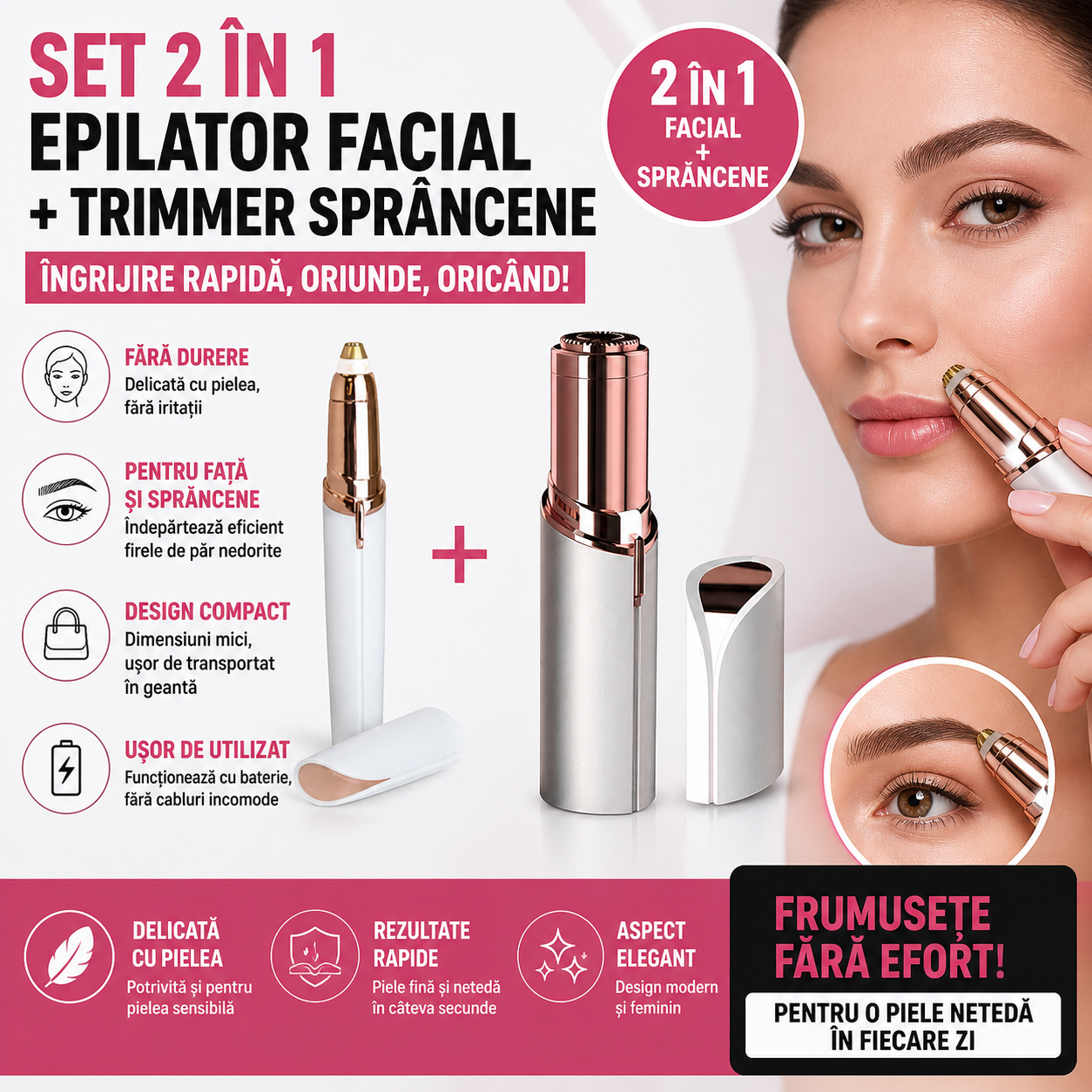 Set 2 in 1 Epilator Facial + Trimmer Sprancene, Fara Durere, Portabil, Design Elegant pentru Ingrijire Rapida