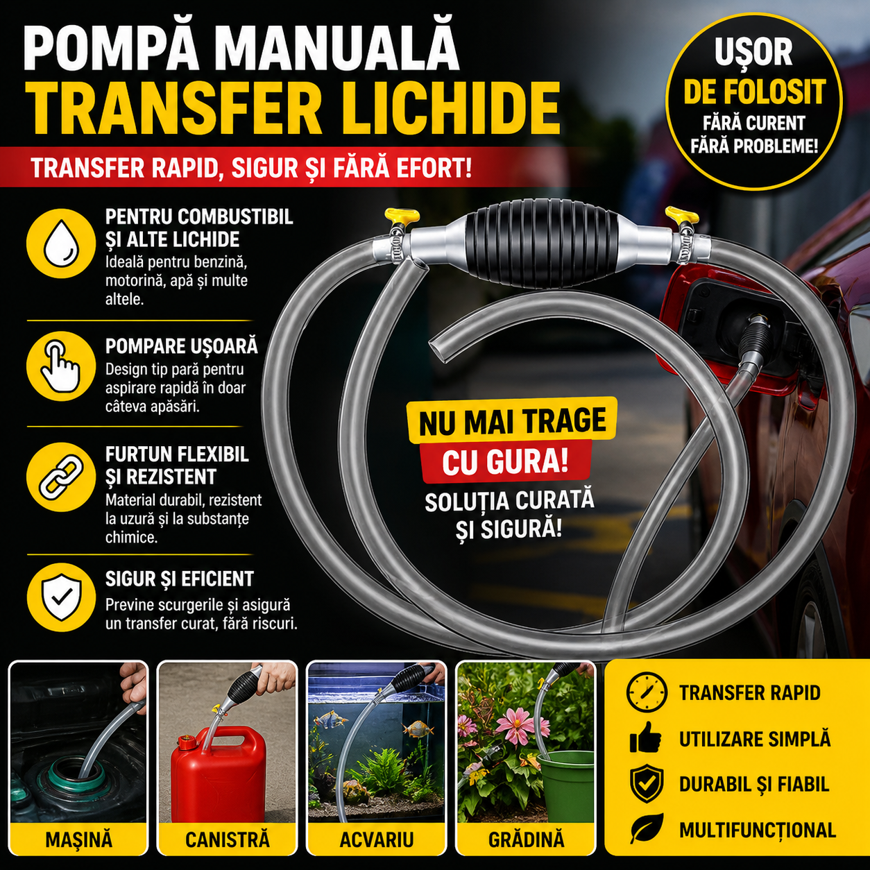 Pompa Manuala Transfer Lichide, Furtun cu Pompa Tip Para, Usor de Utilizat, Transfer Rapid si Sigur