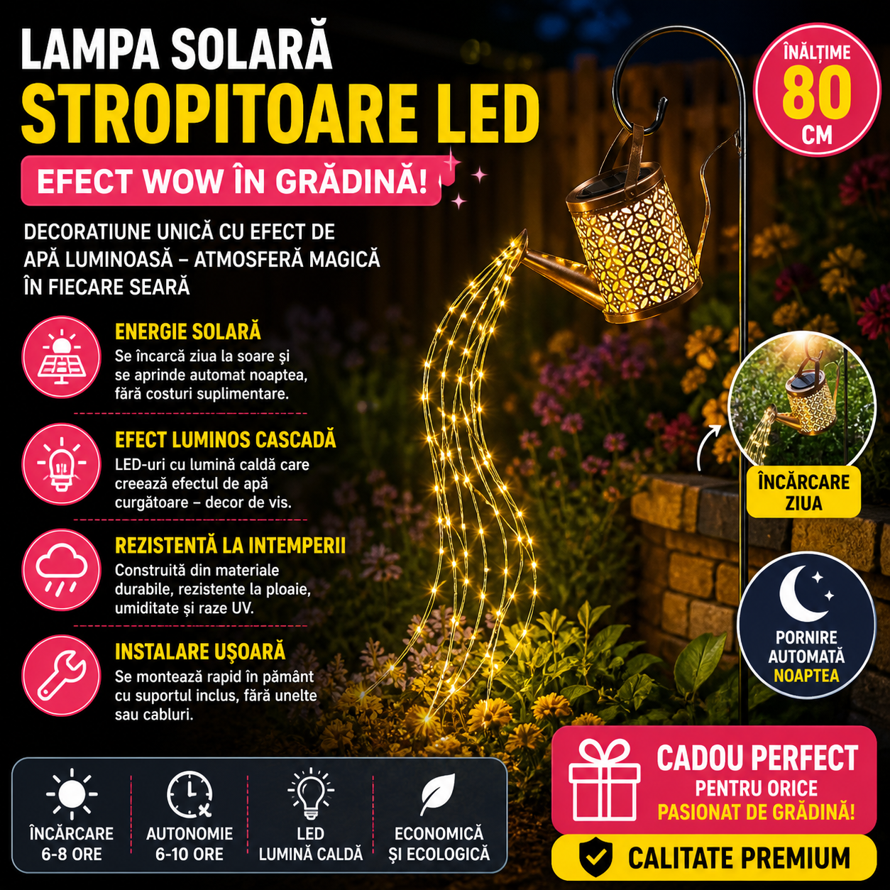 Lampa Solara Gradina Tip Stropitoare LED, Decor Exterior cu Efect Lumini Cascada, 80 cm, Iluminare Ambientala pentru Curte, Terasa sau Alee