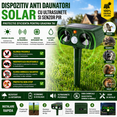 Dispozitiv Anti Daunatori Solar cu Ultrasunete , Repeller pentru Animale si Pasari, Rezistent la Apa, Protectie Gradina