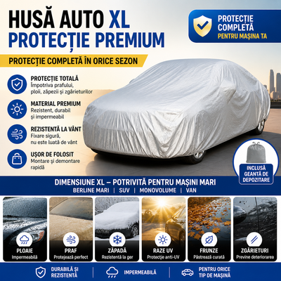 Husa Protectie Auto XL Impermeabila, Rezistenta UV, Anti Praf, Anti Zgarieturi, pentru Exterior si Interior, Protectie Completa Masina
