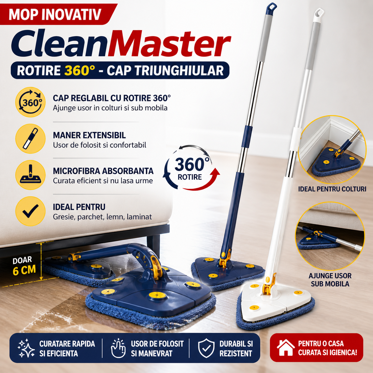 Mop Triunghiular CleanMaster cu Rotire 360° – Cap Reglabil, Microfibra Absorbanta, Ideal pentru Colturi si Sub Mobila