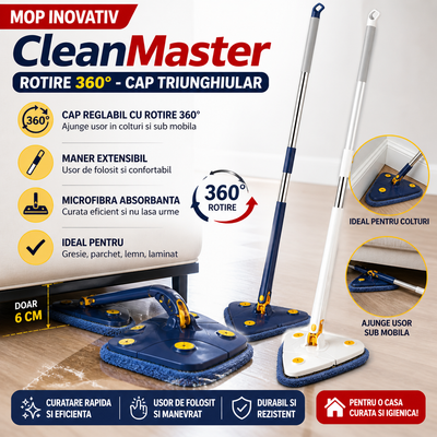 Mop Triunghiular CleanMaster cu Rotire 360° – Cap Reglabil, Microfibra Absorbanta, Ideal pentru Colturi si Sub Mobila