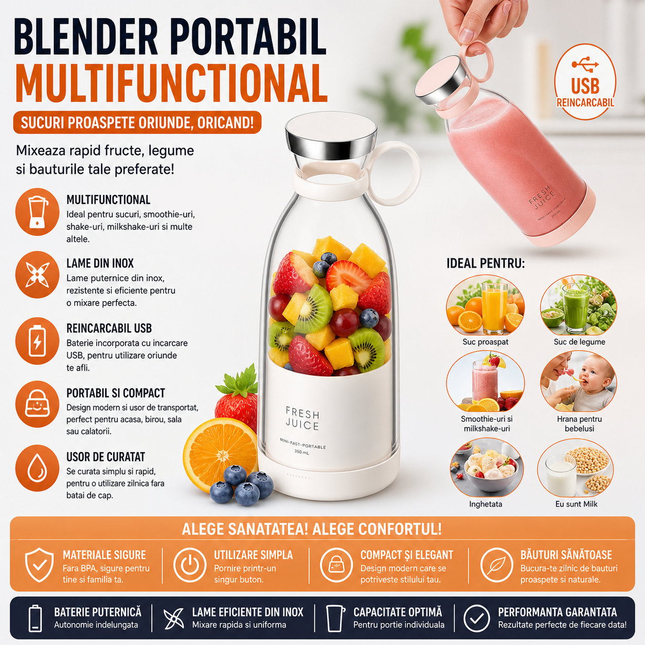 Blender Portabil Multifunctional Fresh Juice cu USB – Sticla Blender pentru Smoothie, Sucuri si Shake-uri, Lama Inox, Reincarcabil, 420 ml