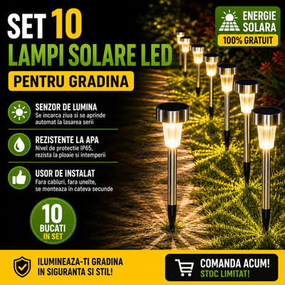 Set 10 x lampa solara LED gradina tip Tarus– iluminat Exterior Solar, Rezistenta la Apa, Lumina Automata, Decor Curte, Gazon, Terasa
