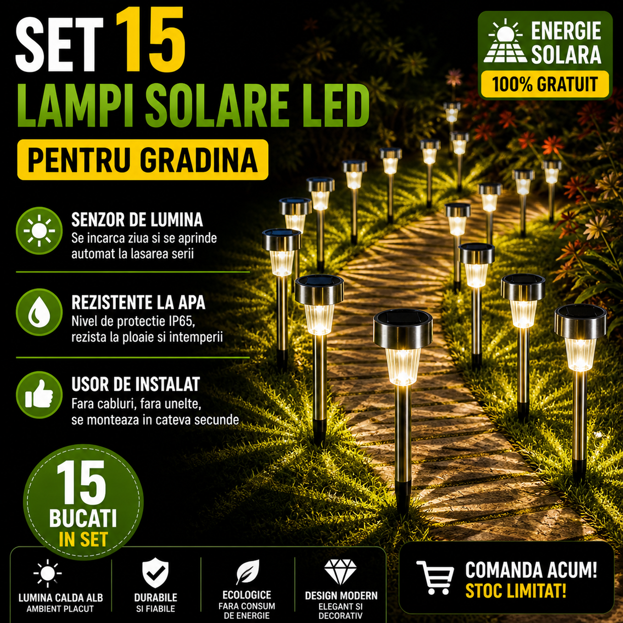 Set 15 x lampa solara LED gradina tip Tarus– iluminat Exterior Solar, Rezistenta la Apa, Lumina Automata, Decor Curte, Gazon, Terasa
