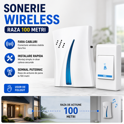 Sonerie Wireless Fara Fir cu Raza 100 Metri – Sonerie Casa cu Buton Exterior, Instalare Rapida, Semnal Puternic, Design Modern