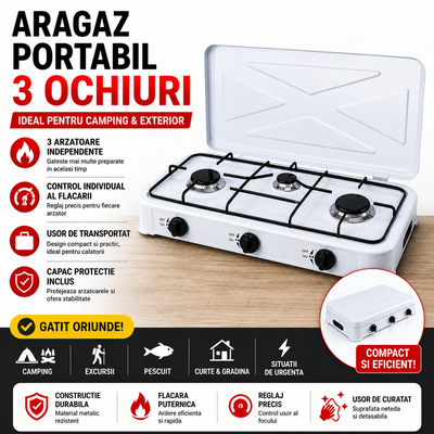 Aragaz Portabil cu 3 Arzatoare, 5.4 kW, din Otel Inoxidabil, Aprindere Manuala – Control Individual Flacara, Ideal pentru Camping si Exterior