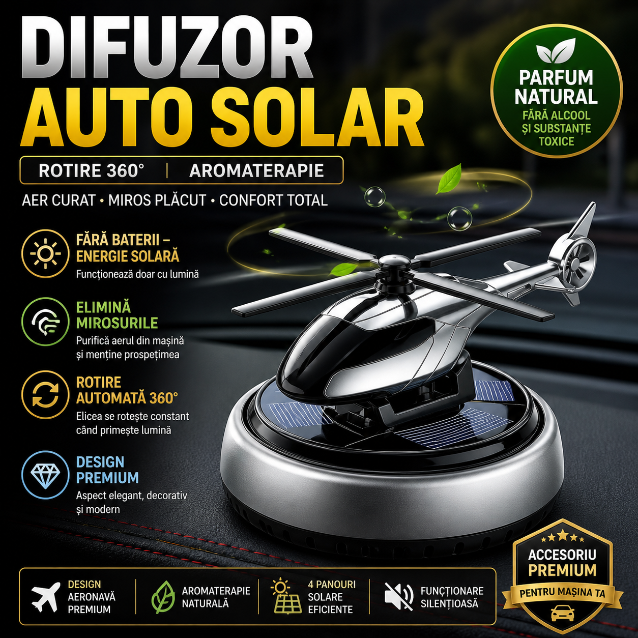 Difuzor Auto Aromaterapie Solar Tip Elicopter, Rotire Automata 360°, 4 Panouri Solare, Parfum Natural 10 ml Inclus