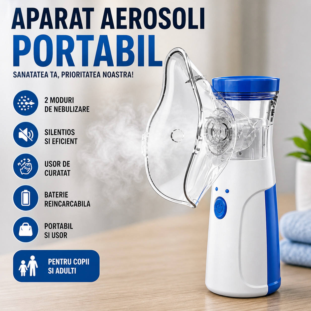 Aparat Aerosoli Portabil cu 2 Moduri Nebulizare, Nebulizator Silentios, Baterie Reincarcabila, Masca Inclusa, Ideal Copii si Adulti