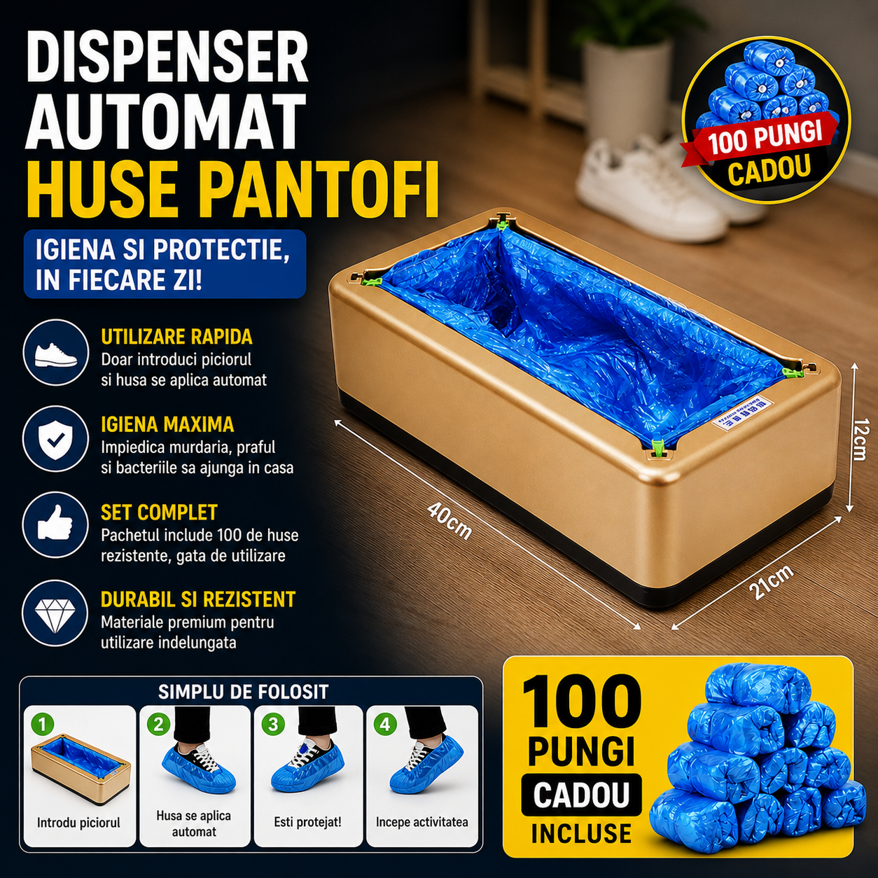 Dispenser Automat pentru Acoperit Incaltaminte+ 100 Pungi Cadou, Aparat Protectie Incaltaminte, Usor de Folosit, pentru Casa, Birou, Clinici