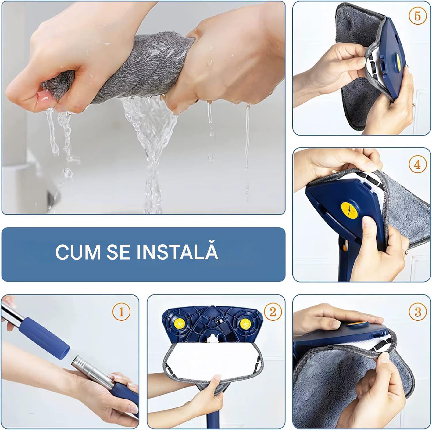 Mop Triunghiular CleanMaster cu Rotire 360° – Cap Reglabil, Microfibra Absorbanta, Ideal pentru Colturi si Sub Mobila