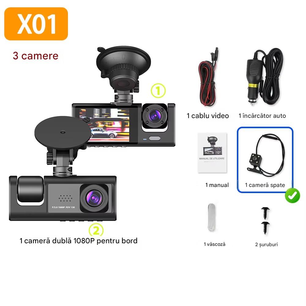 Camera Auto 3 in 1 Premium, Full HD 1080P, Tripla Inregistrare Fata Interior Spate, Night Vision, G-Sensor, Siguranta Completa in Trafic