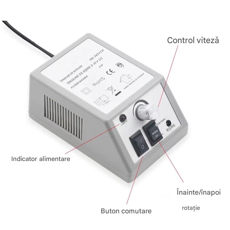 Freza electrica unghii profesionala Sina Mercedes 2000, Reglaj Viteza, Sens Rotatie, Set Capete Slefuire, Kit Complet pentru Manichiura si Pedichiura
