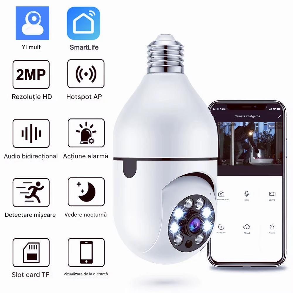 Set 2 x Camera Supraveghere WiFi Tip Bec XHW-5, Rotativa 360°, Night Vision, Audio Bidirectional, Control din Telefon