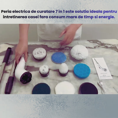 Perie Electrica de Curatare cu 7 Capete Interschimbabile, 2 Viteze Reglabile si Maner Extensibil – Fara Fir, Rezistenta la Apa, Curatare Rapida si Eficienta
