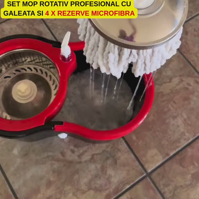 Set Mop Rotativ Profesional Cu Galeata si 4 x Rezerve Microfibra -  Sistem Stoarcere 360, Curatenie Rapida Pentru Casa
