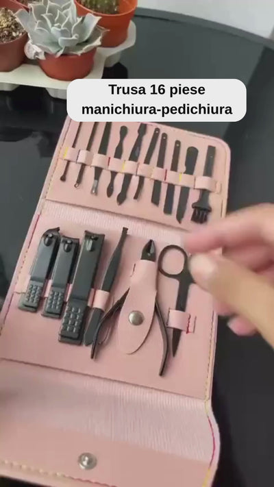 Set Manichiura si Pedichiura Multifunctional 16 Piese din Inox, Portabil, pentru Ingrijire Completa Acasa sau in Calatorii BAS