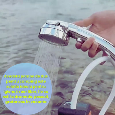 Dus Portabil pentru Camping cu Pompa Electrica si Afisaj Digital, 3 Moduri de Pulverizare, Autonomie Pana La 110 Minute, Furtun 2 m si Accesorii Complete