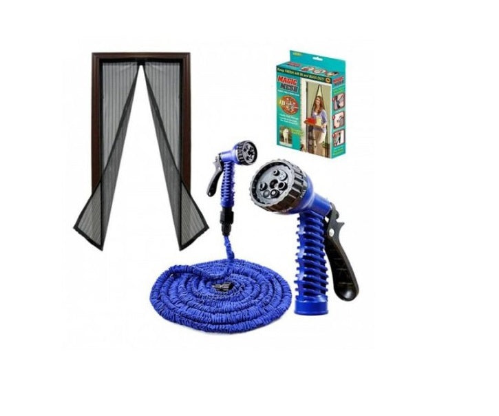 Furtun extensibil de gradina de 45 metri + Accesoriu pentru stropit + Perdea magnetica antiinsecte