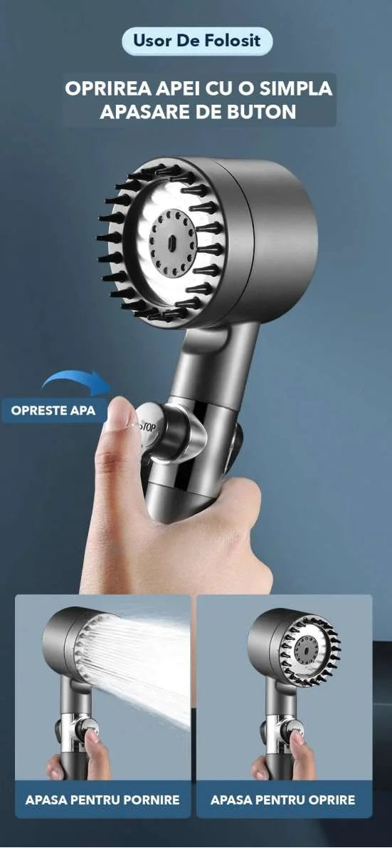 Para de dus cu filtru incorporat, presiune reglabila, 4 moduri de utilizare, pini din silicon pentru masaj de relaxare
